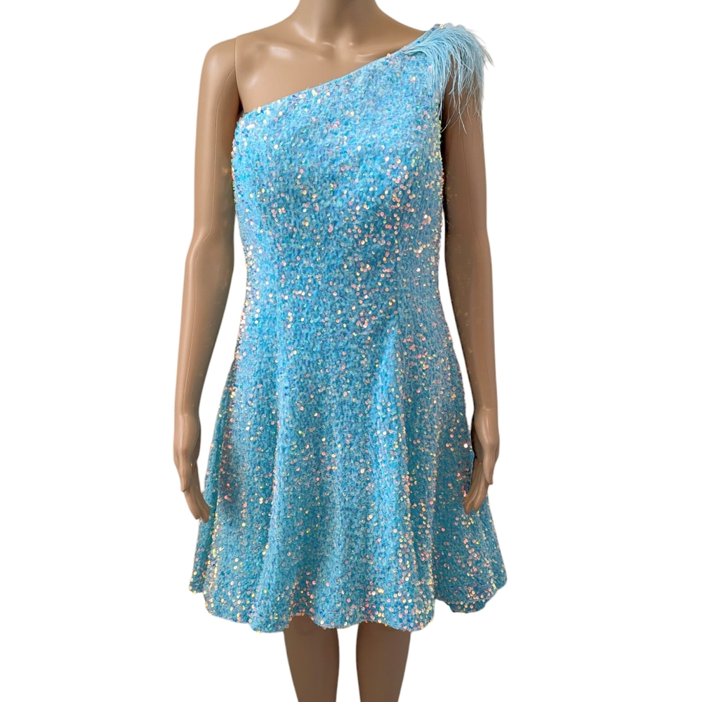 Johnathan Kayne Aqua Hand Beaded One Shoulder Homecoming Dress Size 8